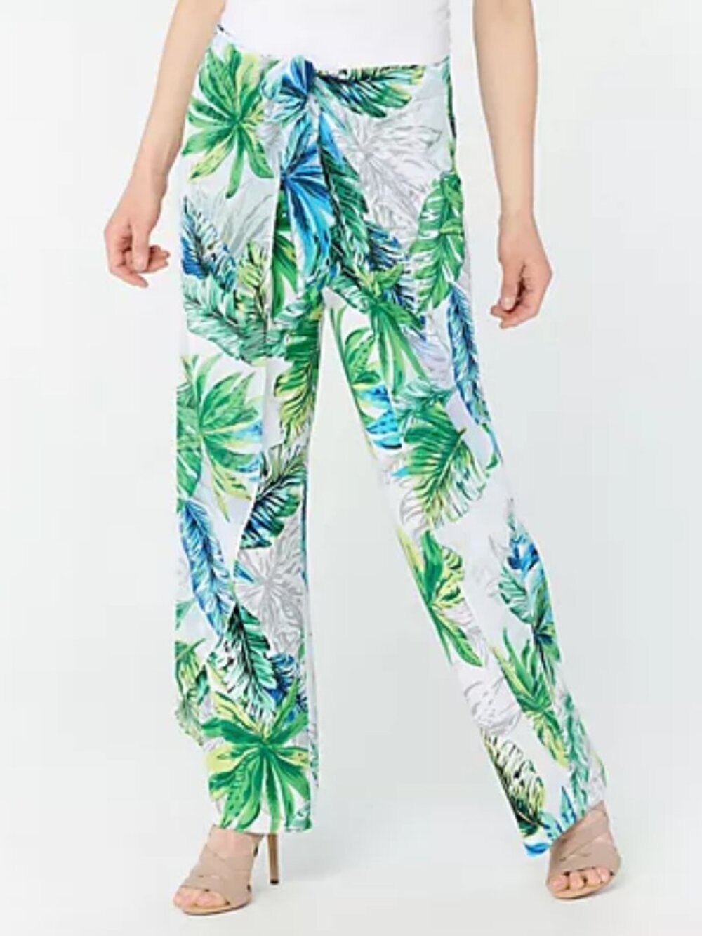 Susan Graver Tropical Leaf Liquid Knit Pull-On Beachy Palazzo Wrap Pants Medium